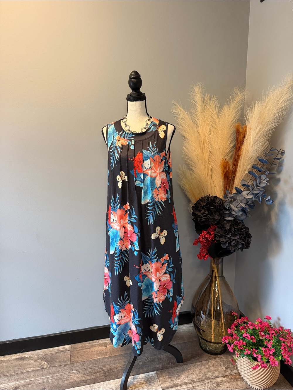Sleeveless Black Floral Midi Dress with Coral & Teal Blooms